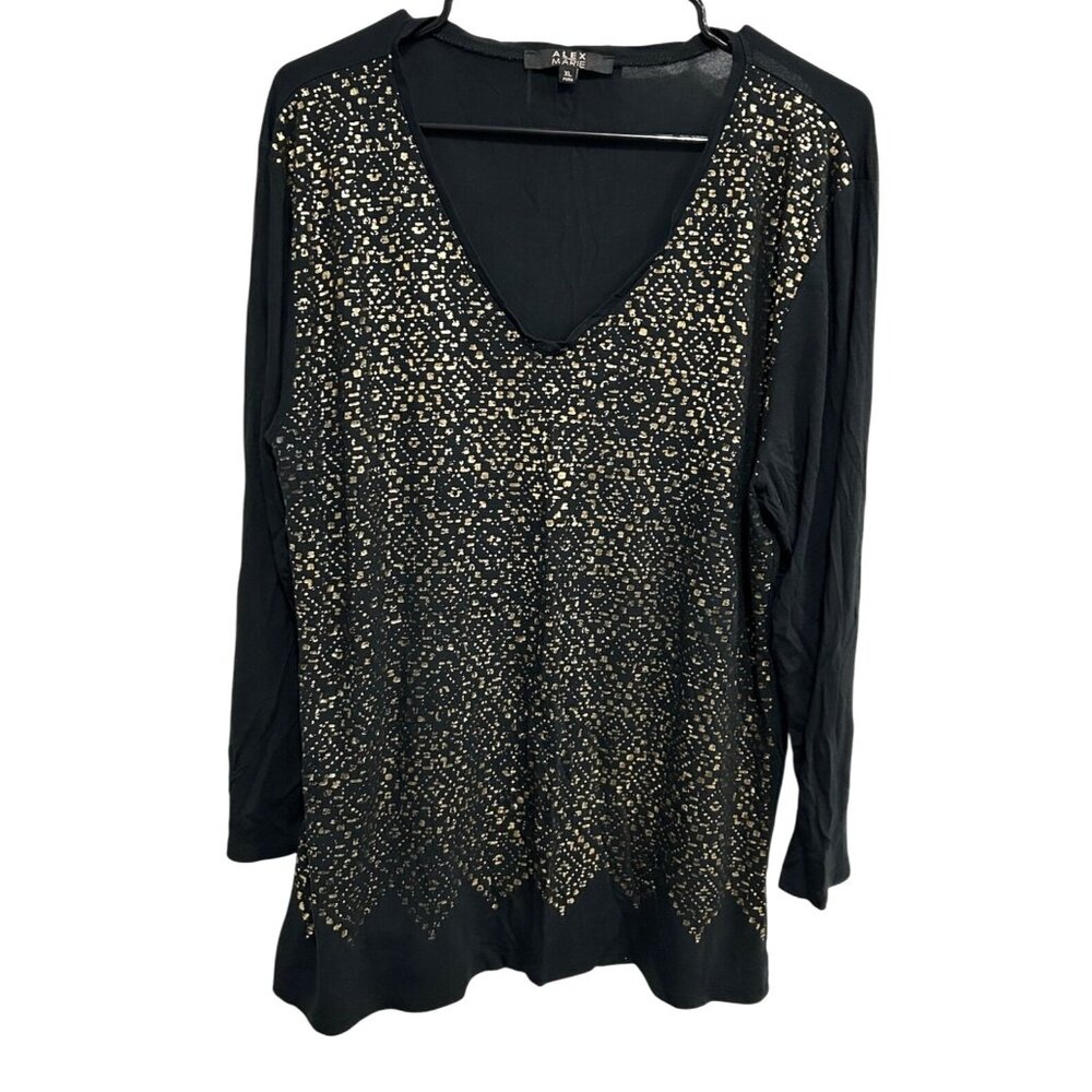 Alex Marie Black Gold Long Sleeve Top With V-Neck Sz XL